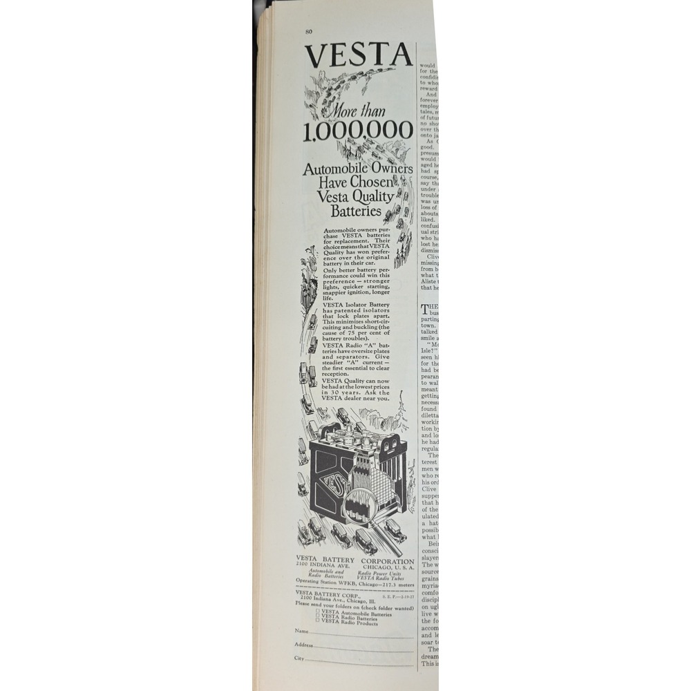 1927 Vesta Battery Corporation Automobile Owners Quality Batteries Print Ad